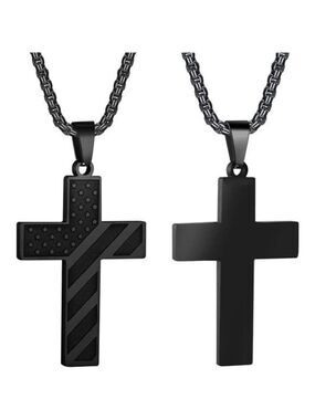 BLACK American Flag Cross Necklace Men Stainless Steel Box Chain 22+2 inch NWT
